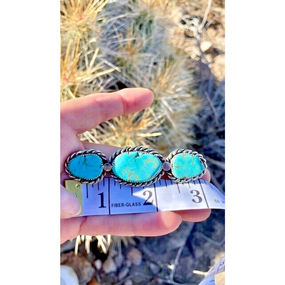 Native American 3 Stone Turquoise & Sterling 3.5" Made by Caura Dobbs Size 10.5 - Picture 4 of 4